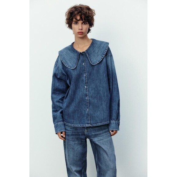 Zara Trf Denim Shirt With Bib Collar - S - Picture 2 of 12